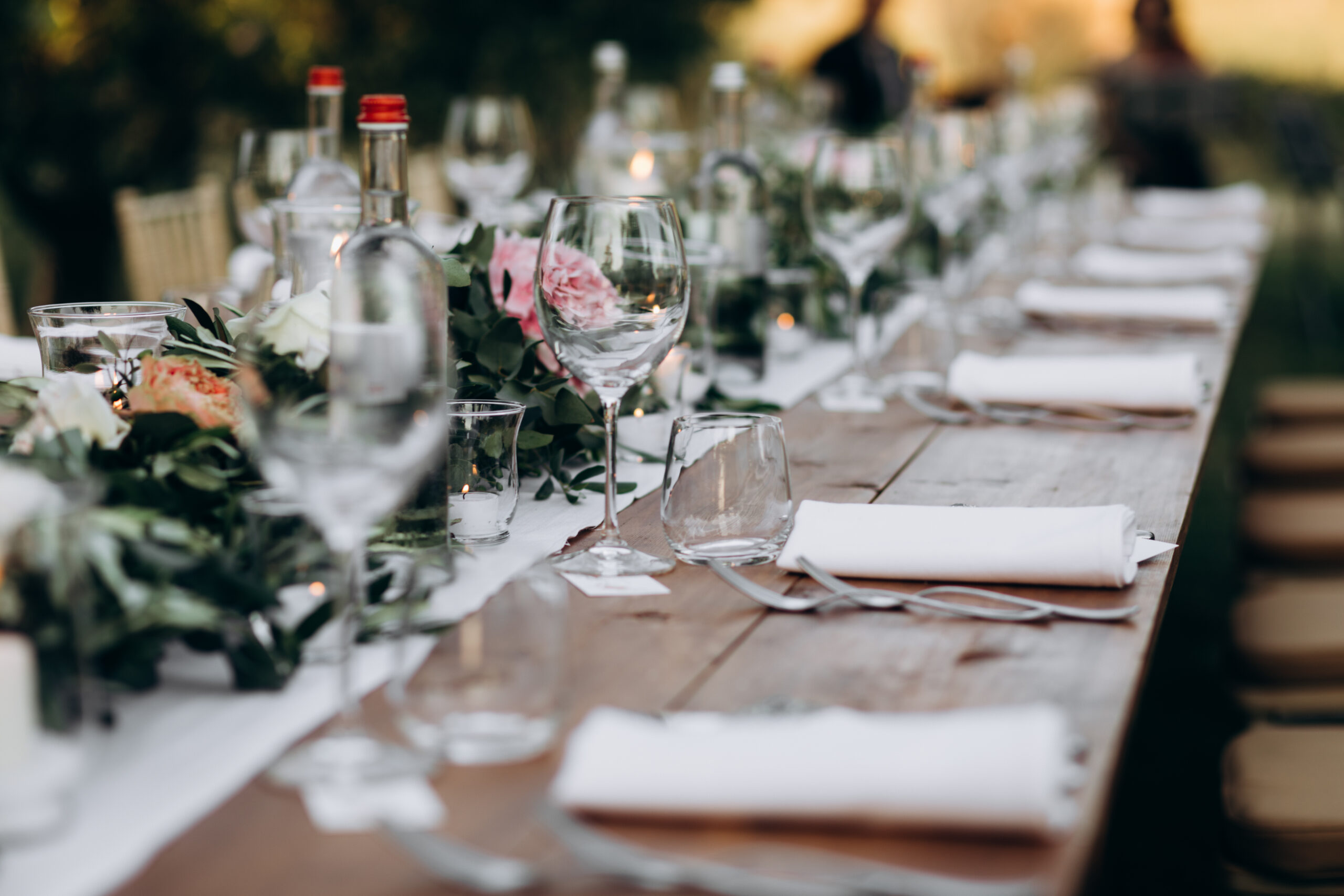 Side view on the huge decorated and served table